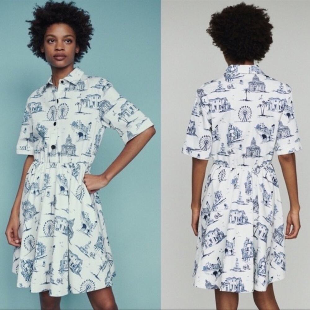 Maje Rapomi white shirt dress paris Print short sleeve Dress FR 40 US 8 - Picture 2 of 14